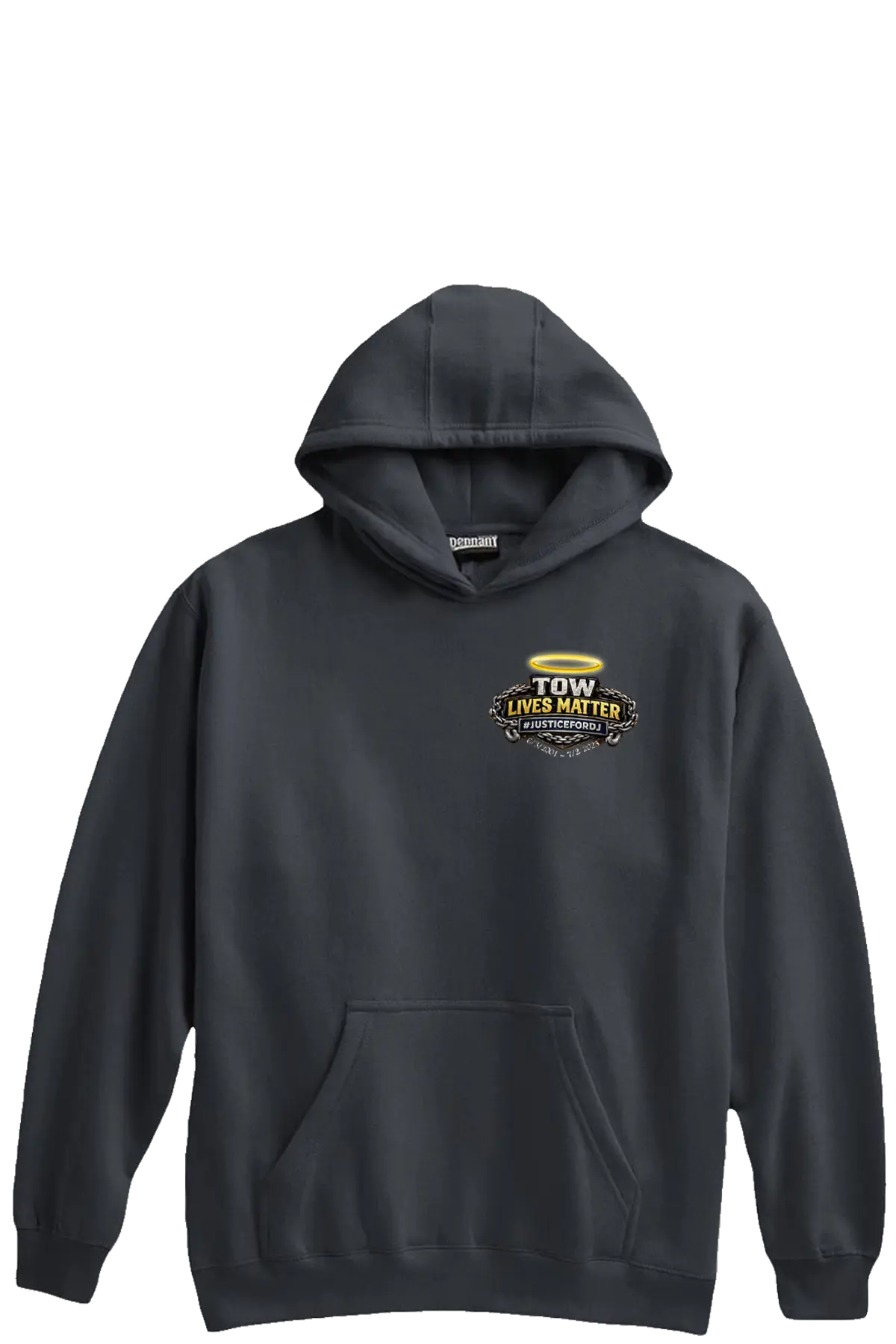 Black hoodie with a logo on the chest against a white background. #JUSTICEFORDJ - Paper Street Print Co, Blairstown, NJ.