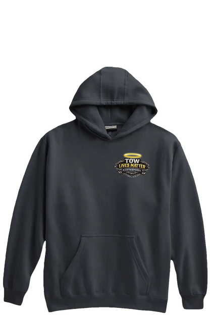 Black hoodie with a logo on the chest against a white background. #JUSTICEFORDJ - Paper Street Print Co, Blairstown, NJ.