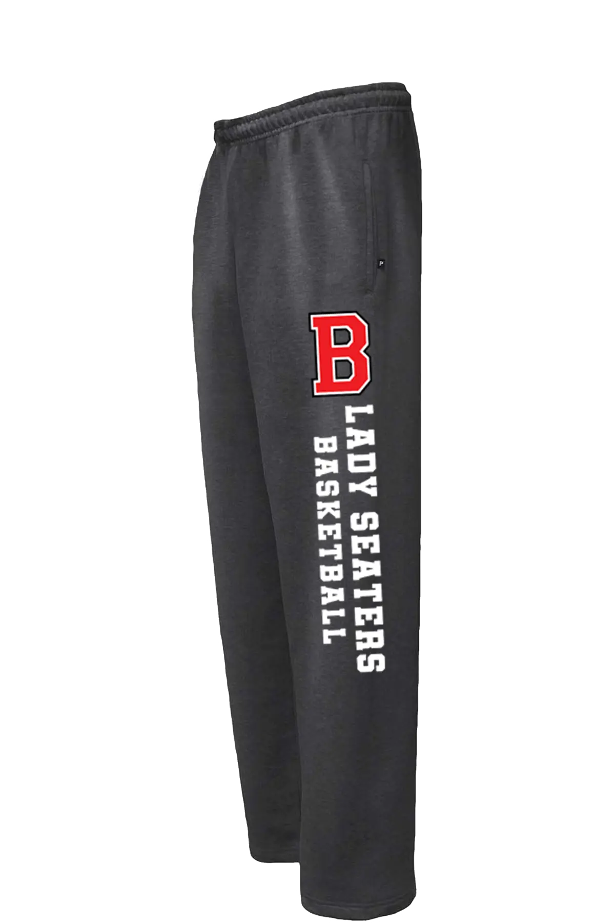 Black athletic sweatpants featuring a red block letter 'B' and white vertical text reading 'LADY SEATERS BASKETBALL' on the left leg, shown against a plain white background. Paper Street Print Co, Blairstown, NJ.