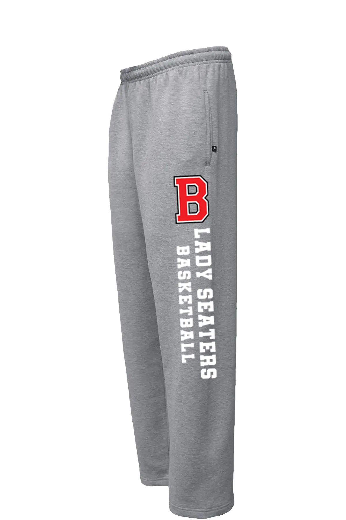 Gray sweatpants with a red and white 'B' logo and vertical white text reading 'LADY SEATERS BASKETBALL' on the left leg, shown against a plain white background. Paper Street Print Co, Blairstown, NJ.