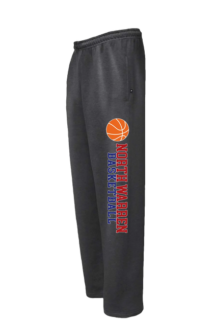 Black sweatpants with basketball design and text on a white background. Paper Street Print Co, Blairstown, NJ.