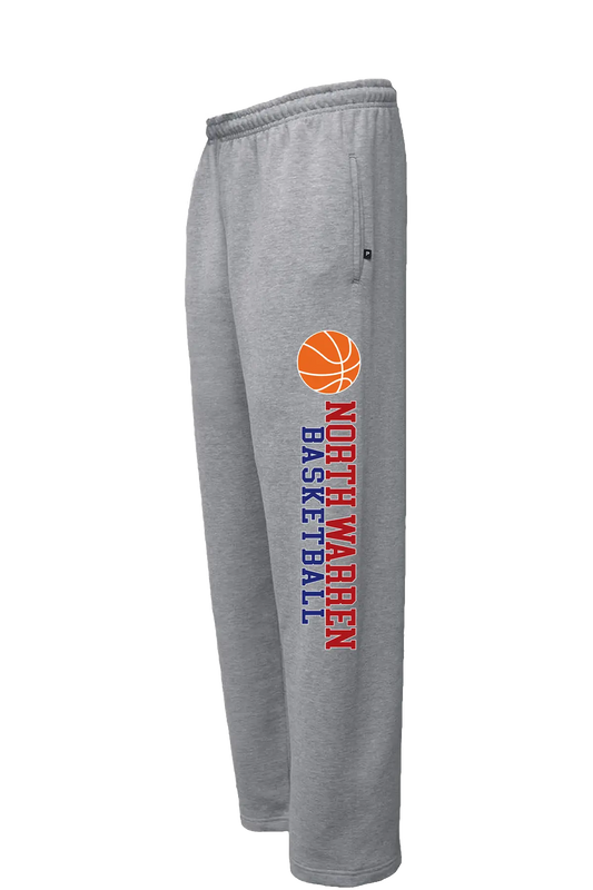 Gray sweatpants with basketball design and text on a white background. Paper Street Print Co, Blairstown, NJ.