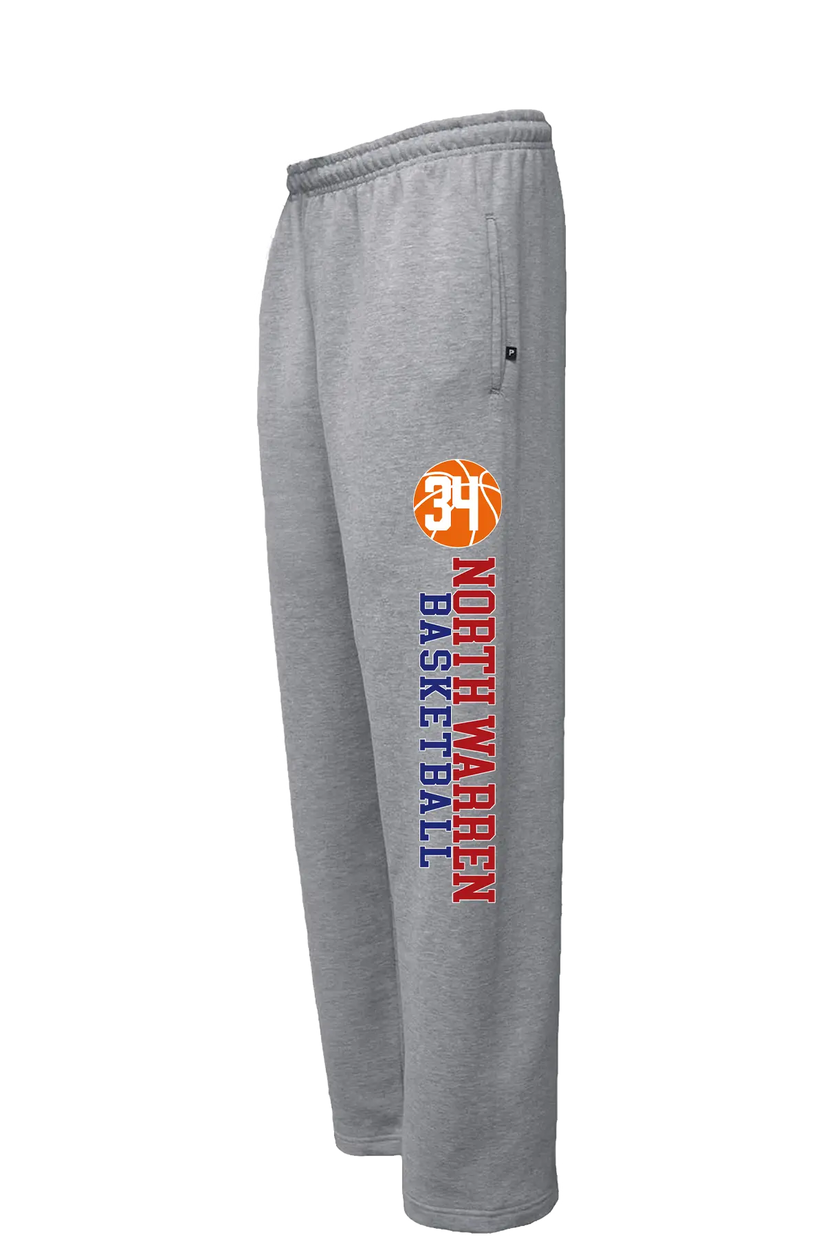 Gray sweatpants with 'North Warren Basketball' text and logo on a white background. Paper Street Print Co, Blairstown, NJ.