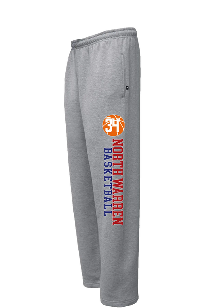 Gray sweatpants with 'North Warren Basketball' text and logo on a white background. Paper Street Print Co, Blairstown, NJ.