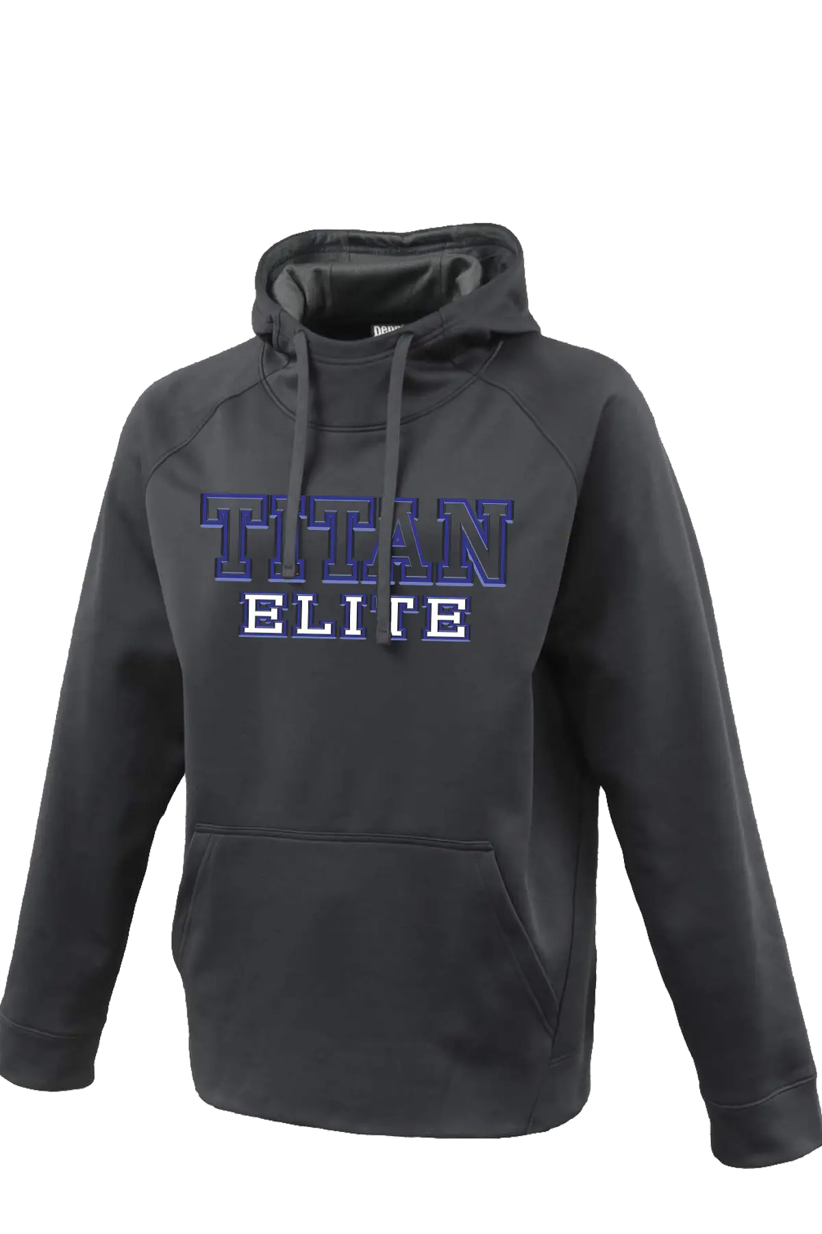 Dark gray hoodie with 'Titan Elite' text on a white background. Paper Street Print Co, Blairstown, NJ.
