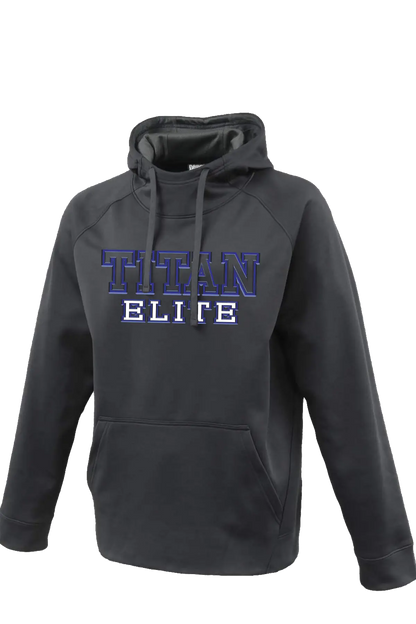Dark gray hoodie with 'Titan Elite' text on a white background. Paper Street Print Co, Blairstown, NJ.