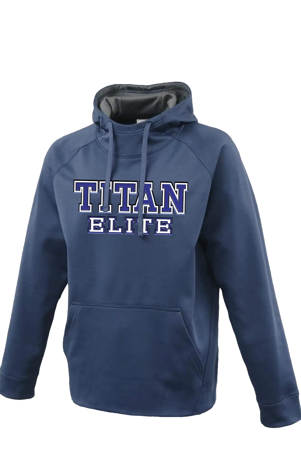 Blue hoodie with 'TITAN ELITE' text on a white background. Paper Street Print Co, Blairstown, NJ.