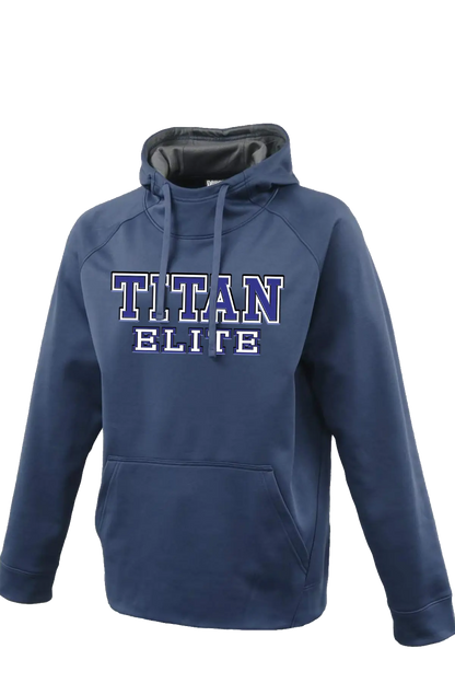 Blue hoodie with 'TITAN ELITE' text on a white background. Paper Street Print Co, Blairstown, NJ.