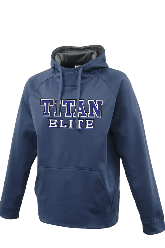 Blue hoodie with 'TITAN ELITE' text on a white background. Paper Street Print Co, Blairstown, NJ.