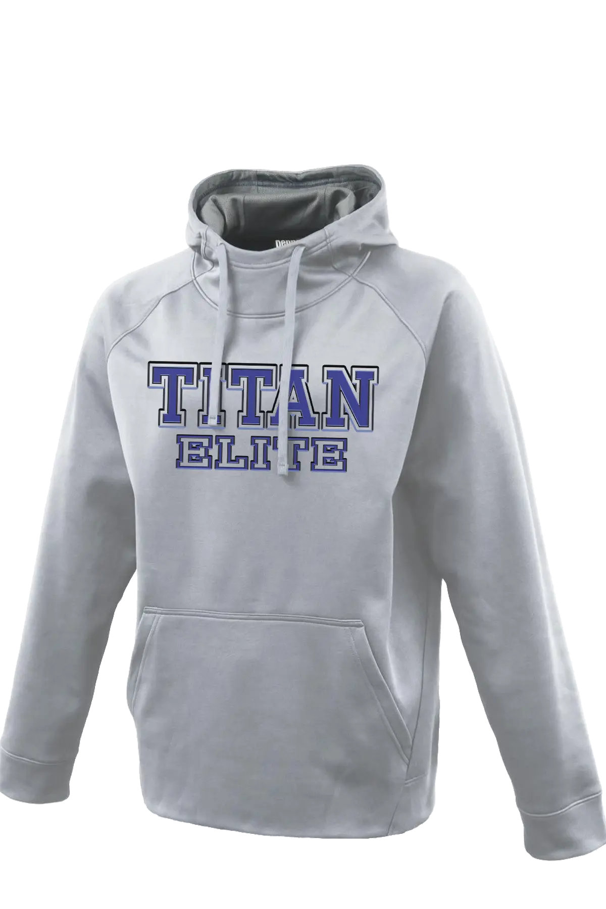 Gray hoodie with 'TITAN ELITE' text on a white background. Paper Street Print Co, Blairstown, NJ.