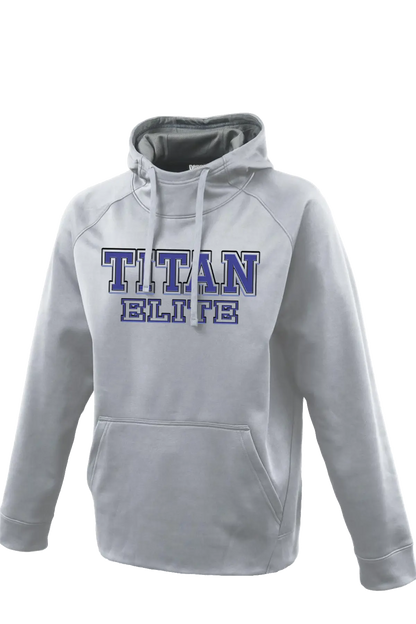Gray hoodie with 'TITAN ELITE' text on a white background. Paper Street Print Co, Blairstown, NJ.