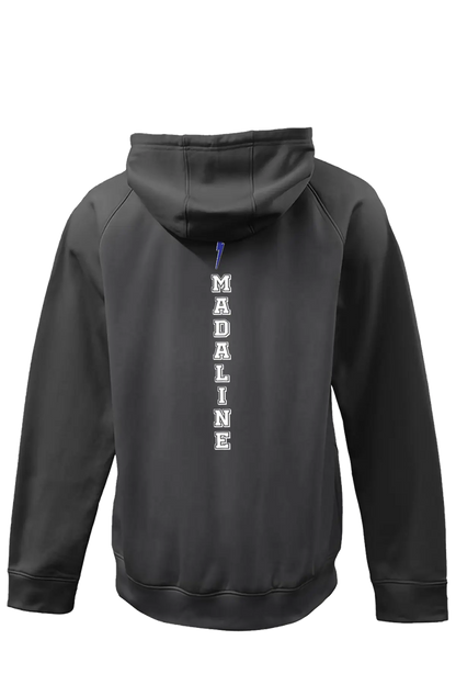Black hoodie with 'MADALINE' text on the back against a white background. Paper Street Print Co, Blairstown, NJ.