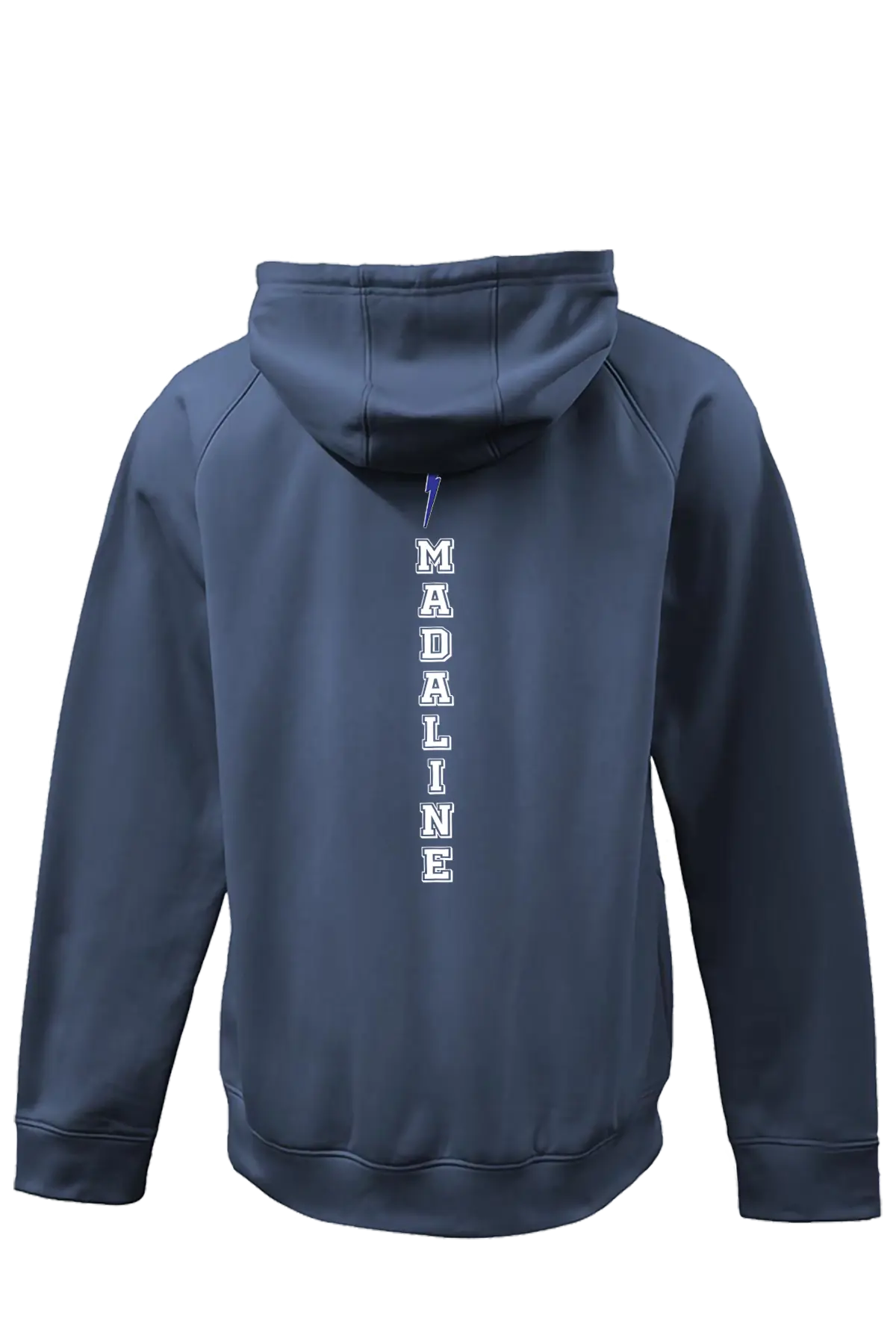 Navy blue hoodie with 'MADALINE' text on the back against a white background. Paper Street Print Co, Blairstown, NJ.
