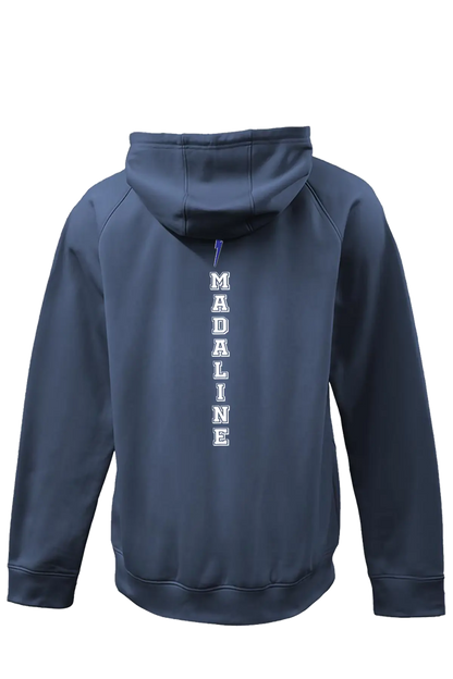 Navy blue hoodie with 'MADALINE' text on the back against a white background. Paper Street Print Co, Blairstown, NJ.