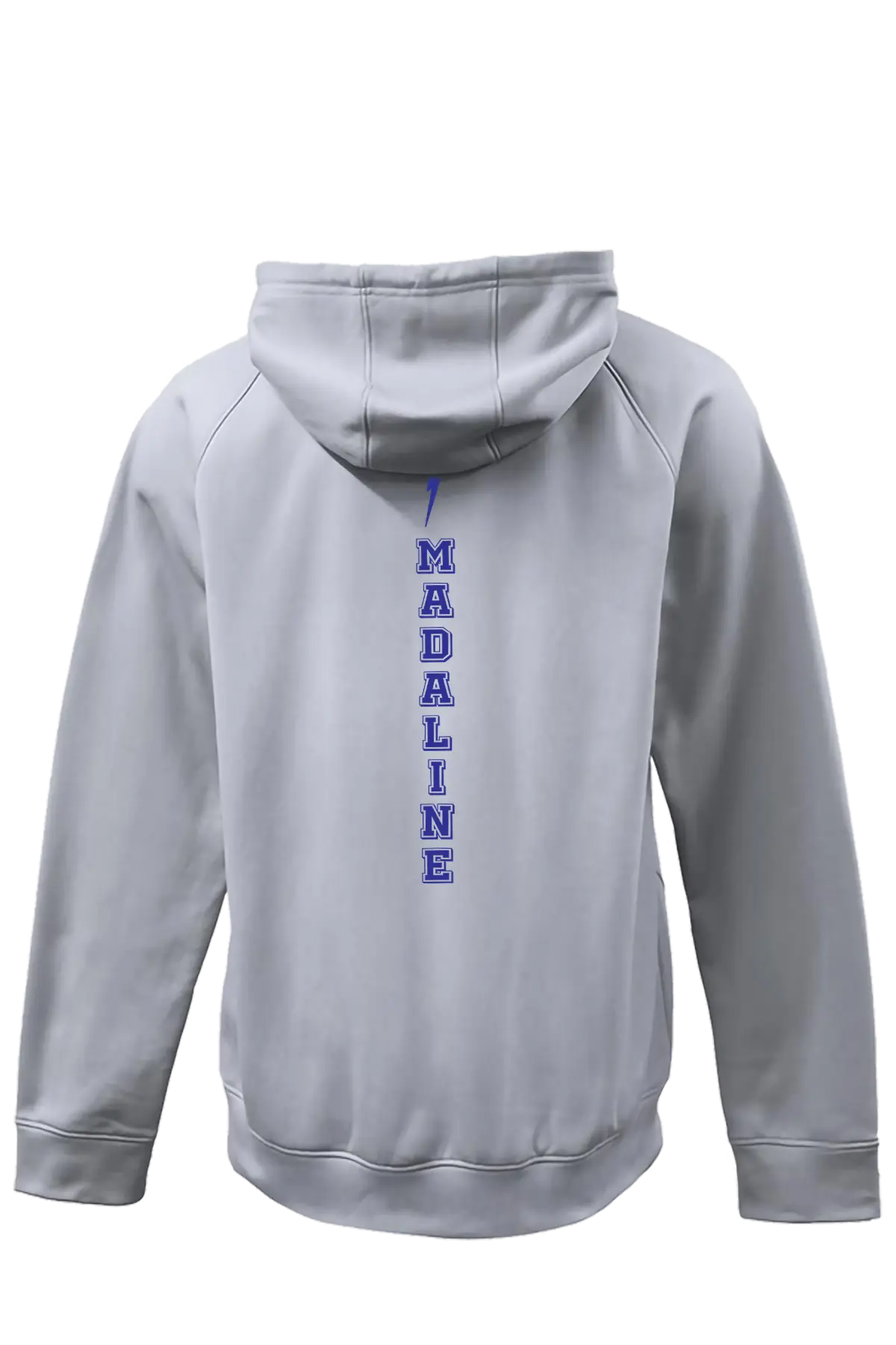 Gray hoodie with 'MADALINE' printed on the back against a white background. Paper Street Print Co, Blairstown, NJ.