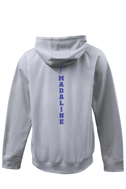 Gray hoodie with 'MADALINE' printed on the back against a white background. Paper Street Print Co, Blairstown, NJ.