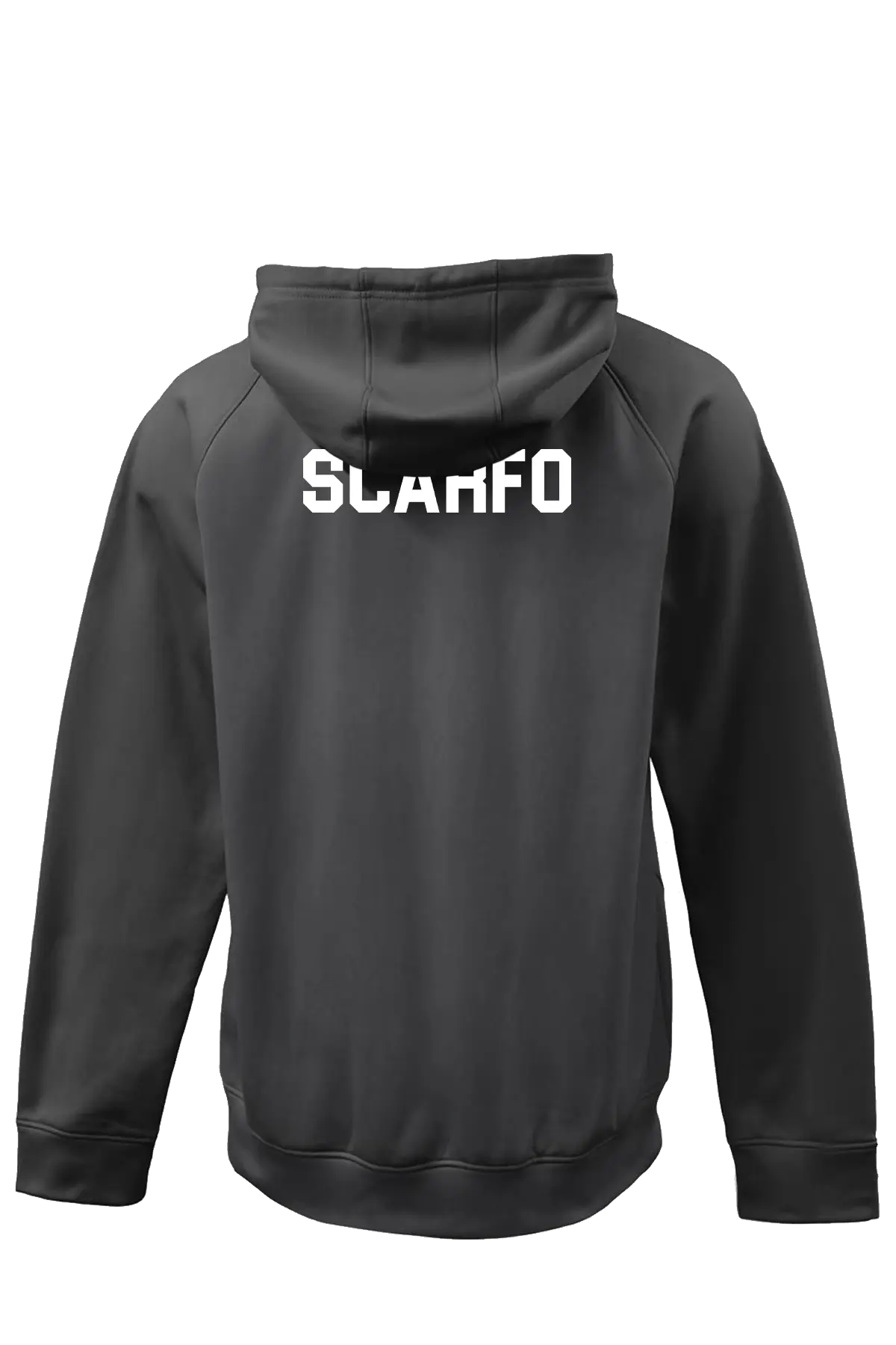 Black hoodie with 'SCARFO' logo on the back against a white background