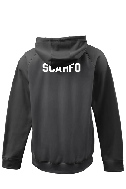 Black hoodie with 'SCARFO' logo on the back against a white background