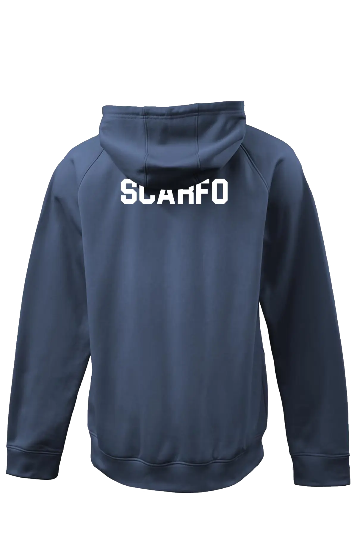 Navy blue hoodie with 'SCARFO' logo on the back against a white background. Paper Street Print Co, Blairstown, NJ.