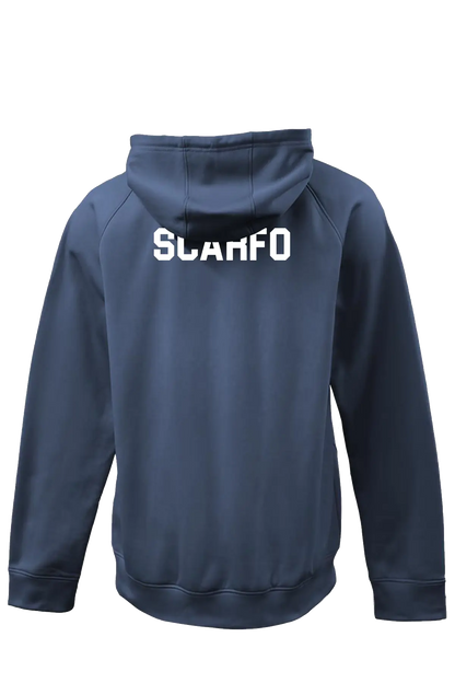 Navy blue hoodie with 'SCARFO' logo on the back against a white background. Paper Street Print Co, Blairstown, NJ.
