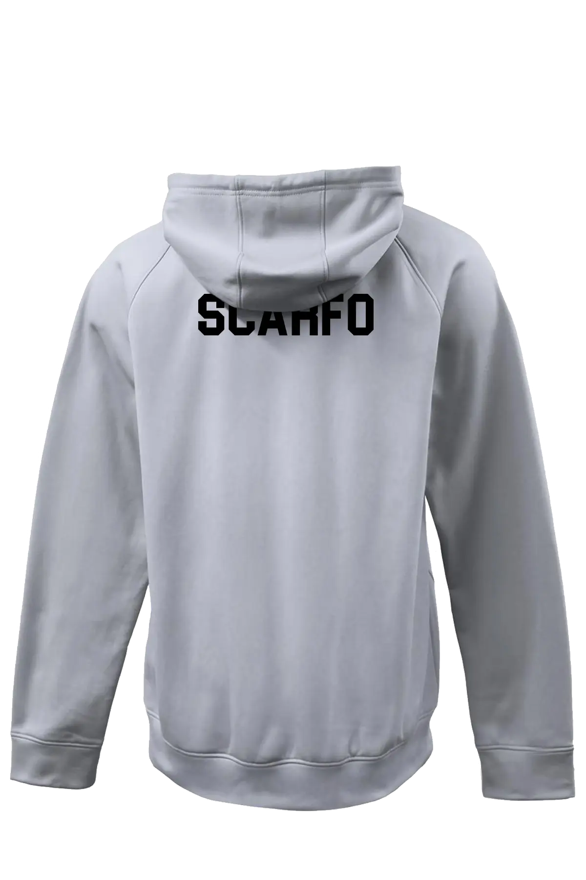Gray hoodie with 'SCARFO' logo on the back against a white background. Paper Street Print Co, Blairstown, NJ.