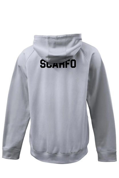 Gray hoodie with 'SCARFO' logo on the back against a white background. Paper Street Print Co, Blairstown, NJ.
