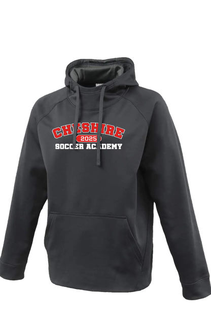 Dark gray hoodie with 'Cheshire Soccer Academy 2023' text on a white background. Paper Street Print Co, Blairstown, NJ.