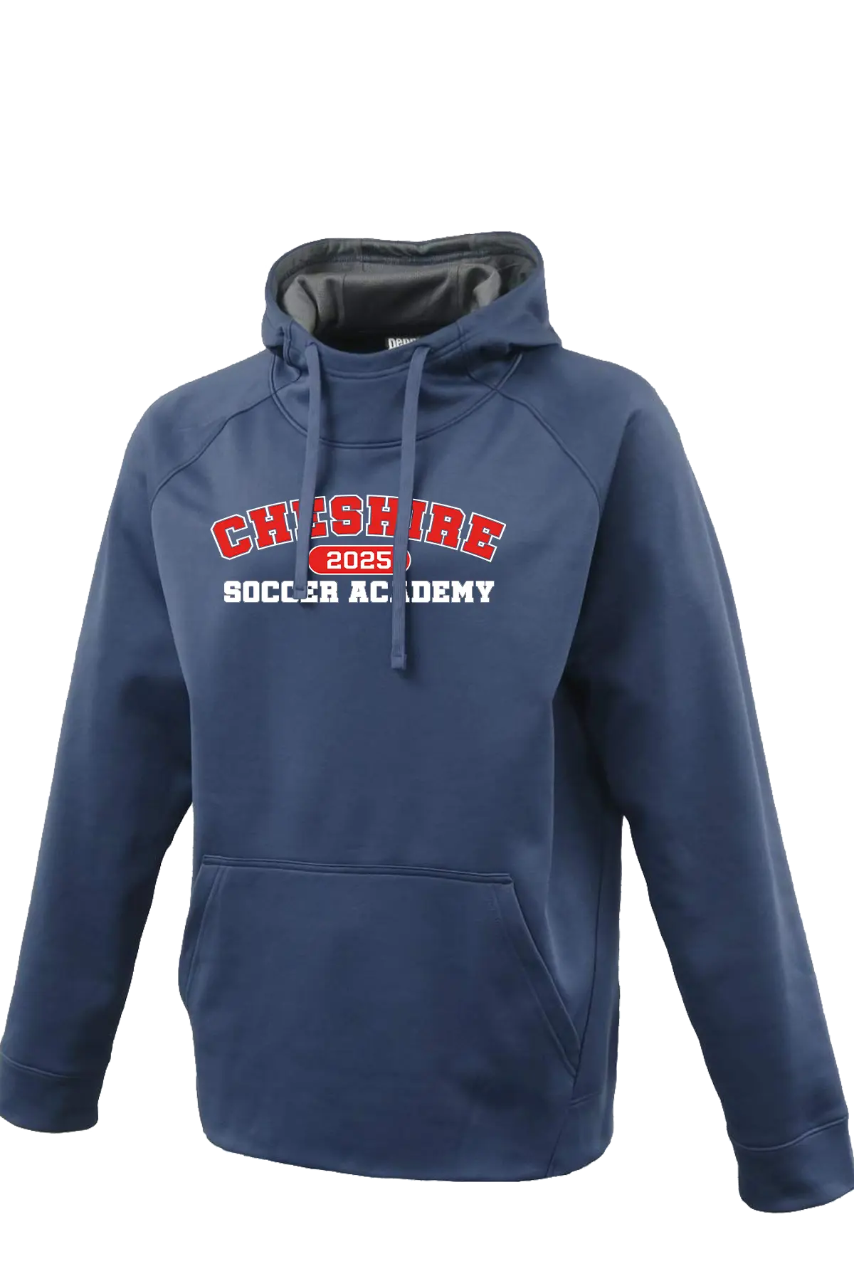 Blue hoodie with 'Cheshire Soccer Academy 2023' text on a white background. Paper Street Print Co, Blairstown, NJ.