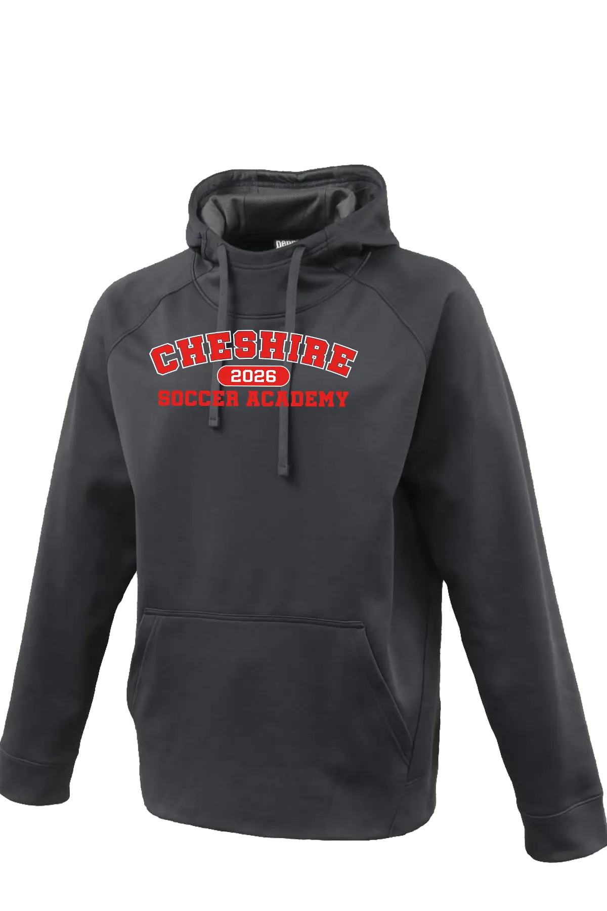 Gray hoodie with 'Cheshire 2026 Soccer Academy' text on a white background. Paper Street Print Co, Blairstown, NJ.