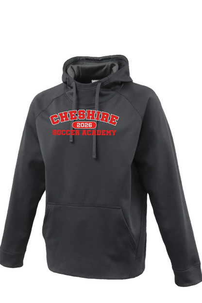 Gray hoodie with 'Cheshire 2026 Soccer Academy' text on a white background. Paper Street Print Co, Blairstown, NJ.