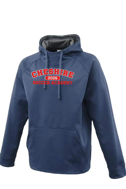 Navy blue hoodie with 'Cheshire 2026 Soccer Academy' text on a white background. Paper Street Print Co, Blairstown, NJ.
