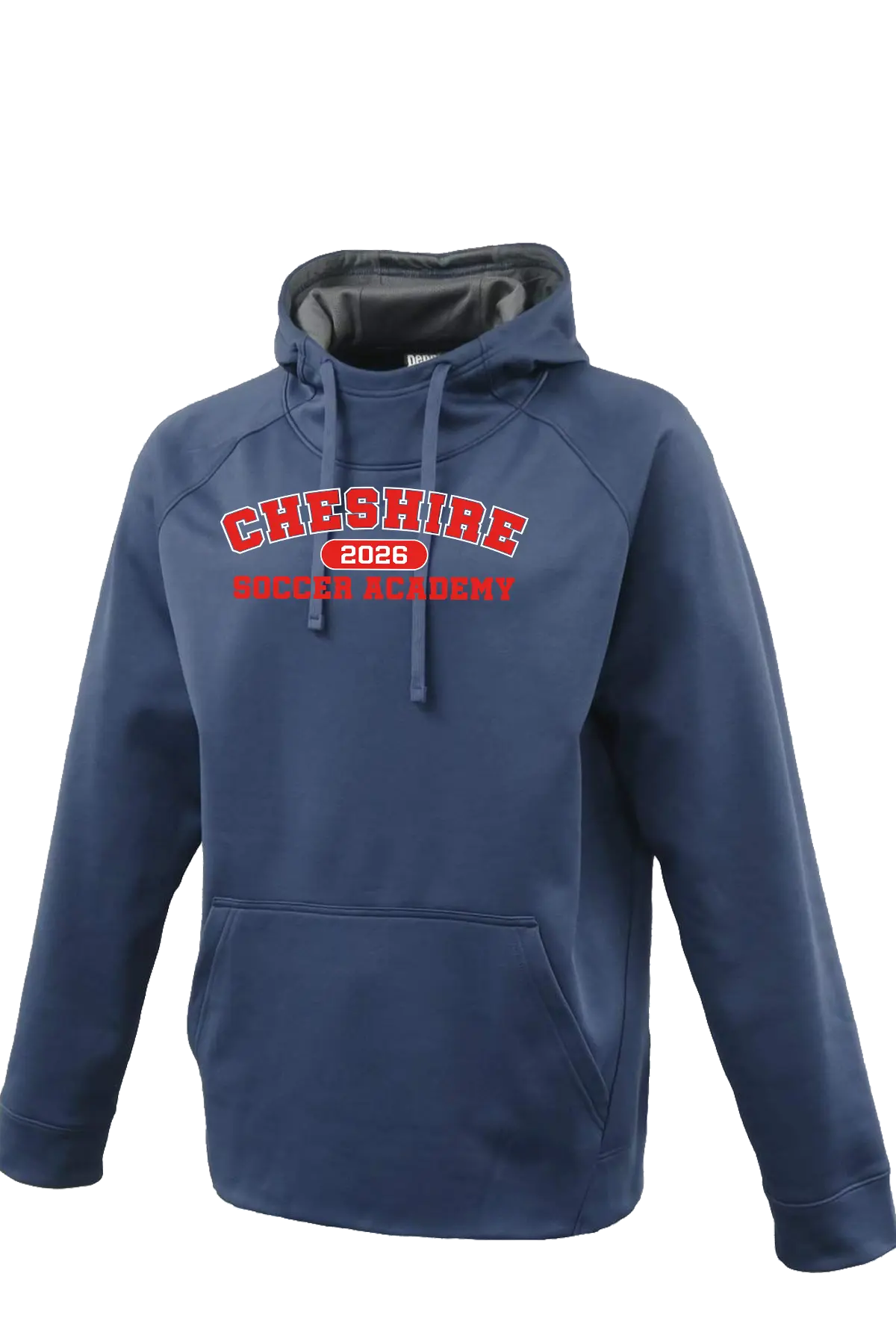 Navy blue hoodie with 'Cheshire 2026 Soccer Academy' text on a white background. Paper Street Print Co, Blairstown, NJ.