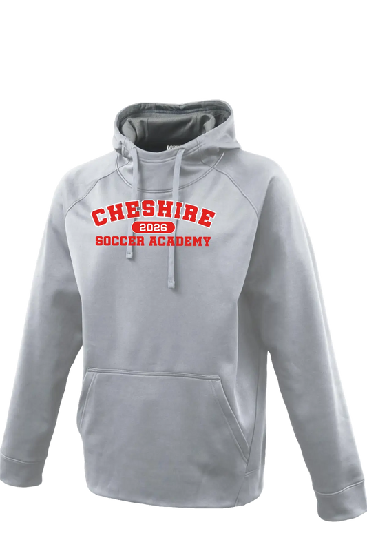 Gray hoodie with 'Cheshire 2026 Soccer Academy' text on a white background. Paper Street Print Co, Blairstown, NJ.