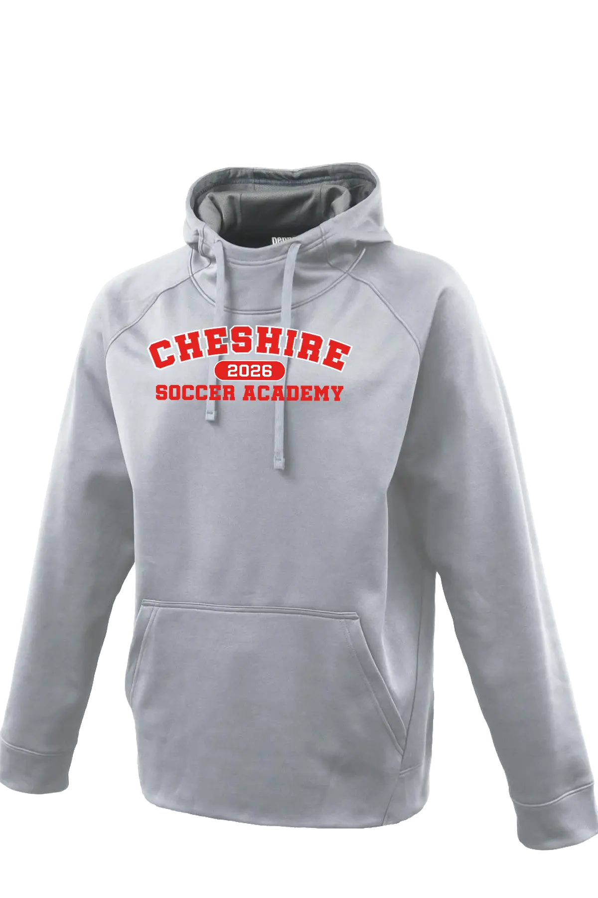 Gray hoodie with 'Cheshire 2026 Soccer Academy' text on a white background. Paper Street Print Co, Blairstown, NJ.