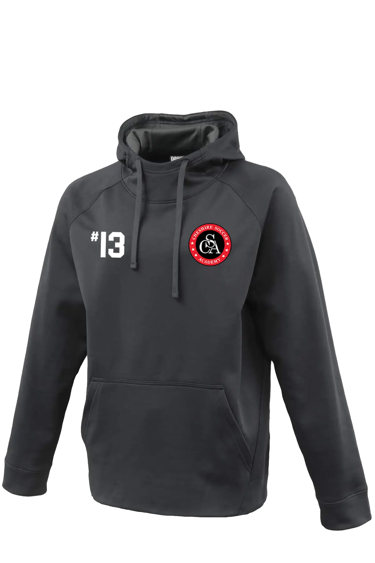 Gray hoodie with a logo and number on a white background. Paper Street Print Co, Blairstown, NJ.