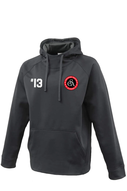 Gray hoodie with a logo and number on a white background. Paper Street Print Co, Blairstown, NJ.