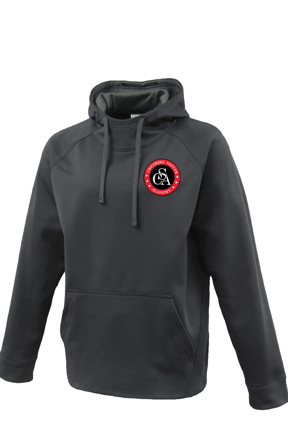 Gray hoodie with a red and white logo on a white background. Paper Street Print Co, Blairstown, NJ.