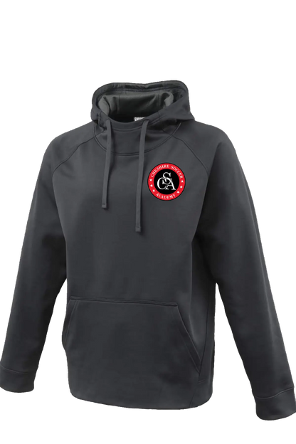 Gray hoodie with a red and white logo on a white background. Paper Street Print Co, Blairstown, NJ.