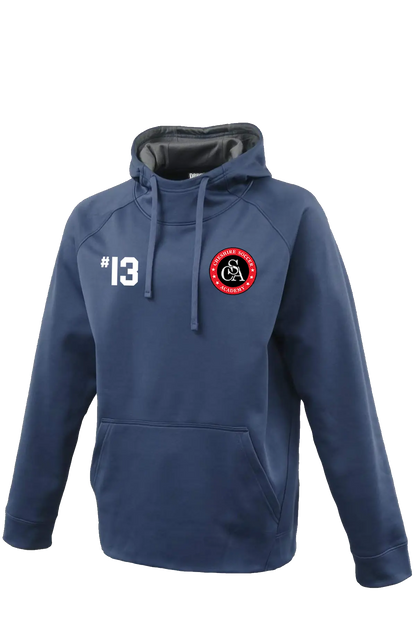 Blue hoodie with a logo and number '13' on a white background. Paper Street Print Co, Blairstown, NJ.