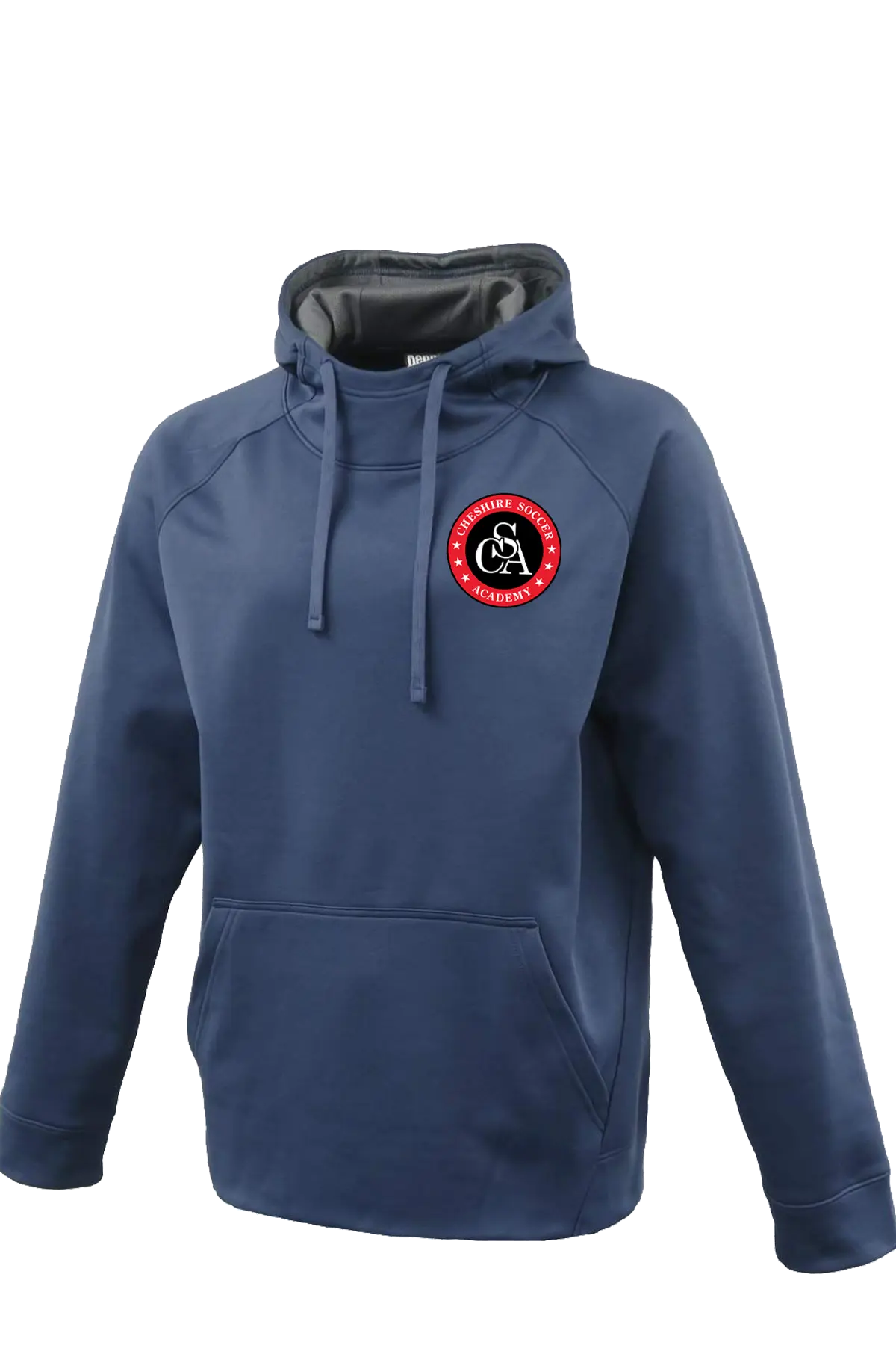 Blue hoodie with a logo on the chest against a white background. Paper Street Print Co, Blairstown, NJ.