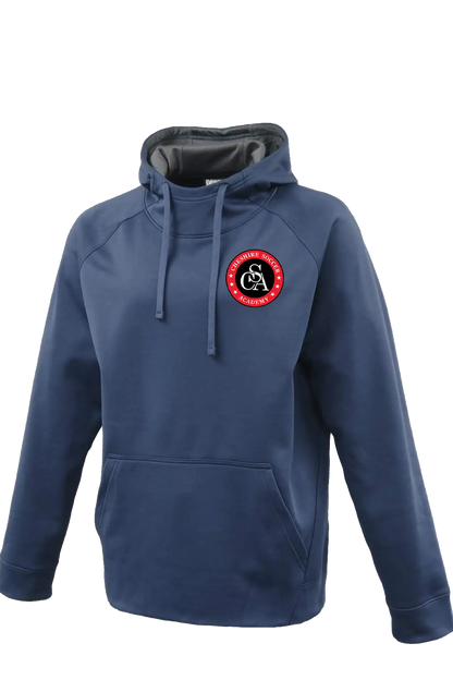 Blue hoodie with a logo on the chest against a white background. Paper Street Print Co, Blairstown, NJ.