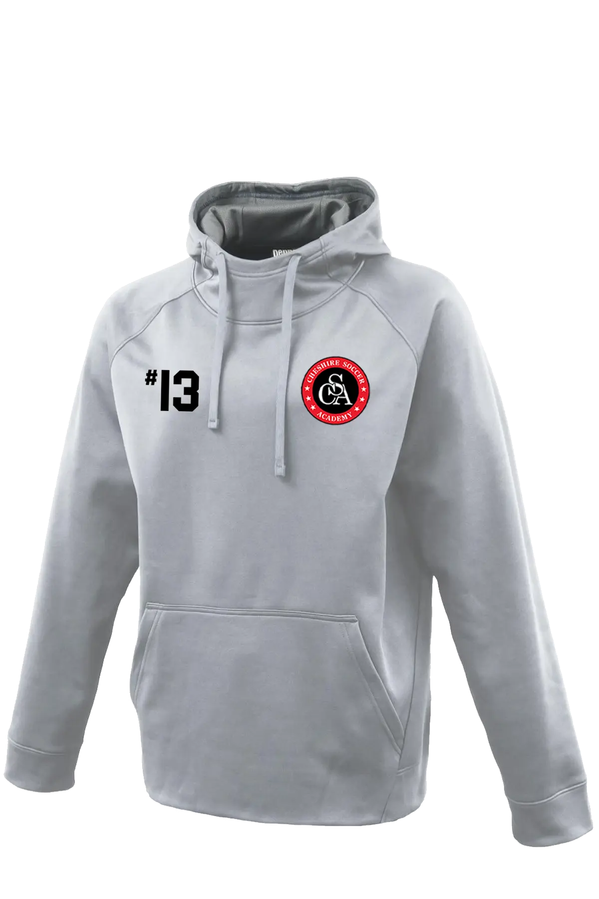 Gray hoodie with number 13 and logo on a white background. Paper Street Print Co, Blairstown, NJ.