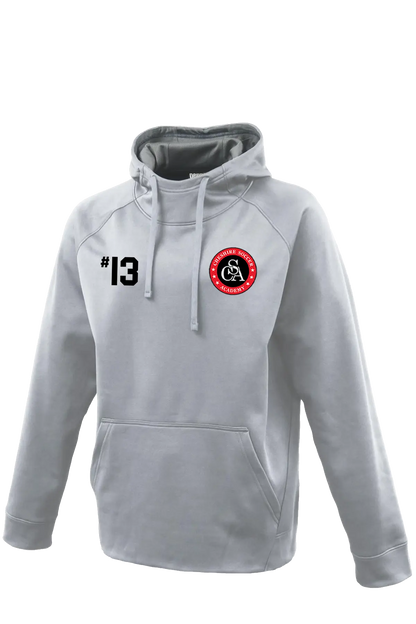 Gray hoodie with number 13 and logo on a white background. Paper Street Print Co, Blairstown, NJ.