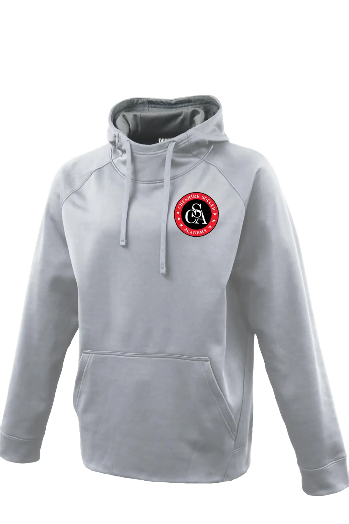 Gray hoodie with a red and black logo on a white background. Paper Street Print Co, Blairstown, NJ.