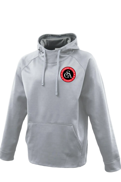 Gray hoodie with a red and black logo on a white background. Paper Street Print Co, Blairstown, NJ.