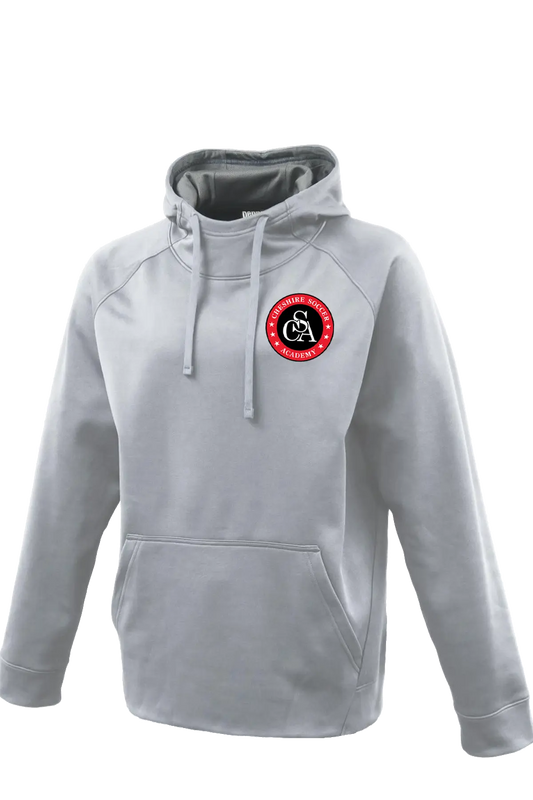 Gray hoodie with a red and black logo on a white background. Paper Street Print Co, Blairstown, NJ.