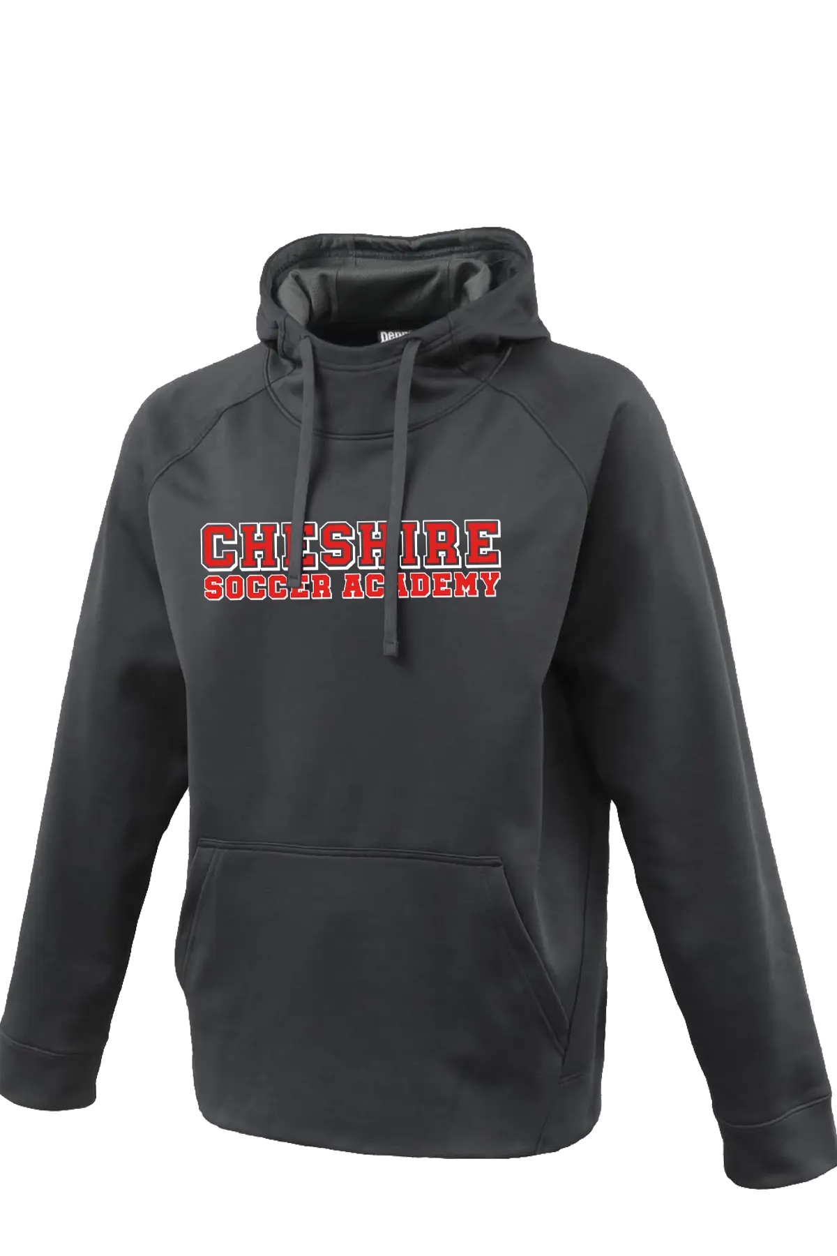 Dark gray hoodie with 'Cheshire Soccer Academy' text on a white background. Paper Street Print Co, Blairstown, NJ.