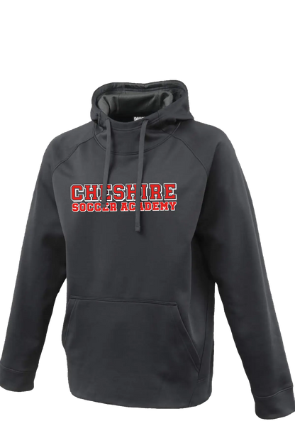 Dark gray hoodie with 'Cheshire Soccer Academy' text on a white background. Paper Street Print Co, Blairstown, NJ.