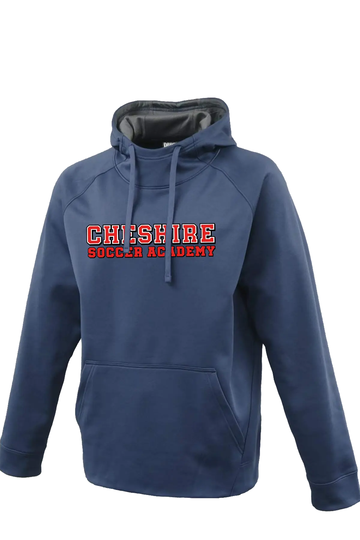 Navy blue hoodie with 'Cheshire Soccer Academy' text on a white background. Paper Street Print Co, Blairstown, NJ.