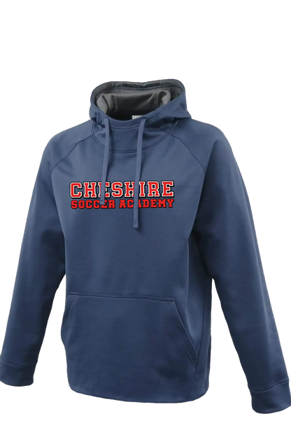 Navy blue hoodie with 'Cheshire Soccer Academy' text on a white background. Paper Street Print Co, Blairstown, NJ.